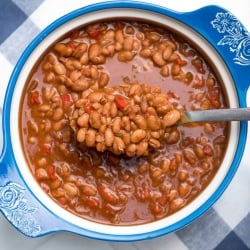 A spoon scoops up saucy beans from a blue and white bowl.