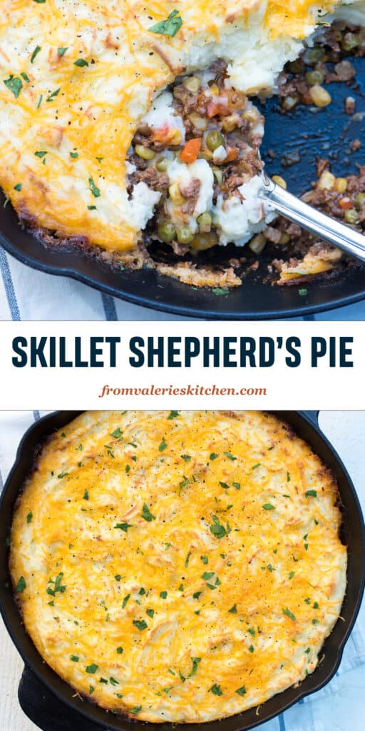 A two image collage of skillet shepherd's pie in a cast iron skillet with text.