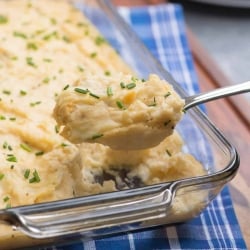 A spoon lifts mashed potatoes from a baking dish.