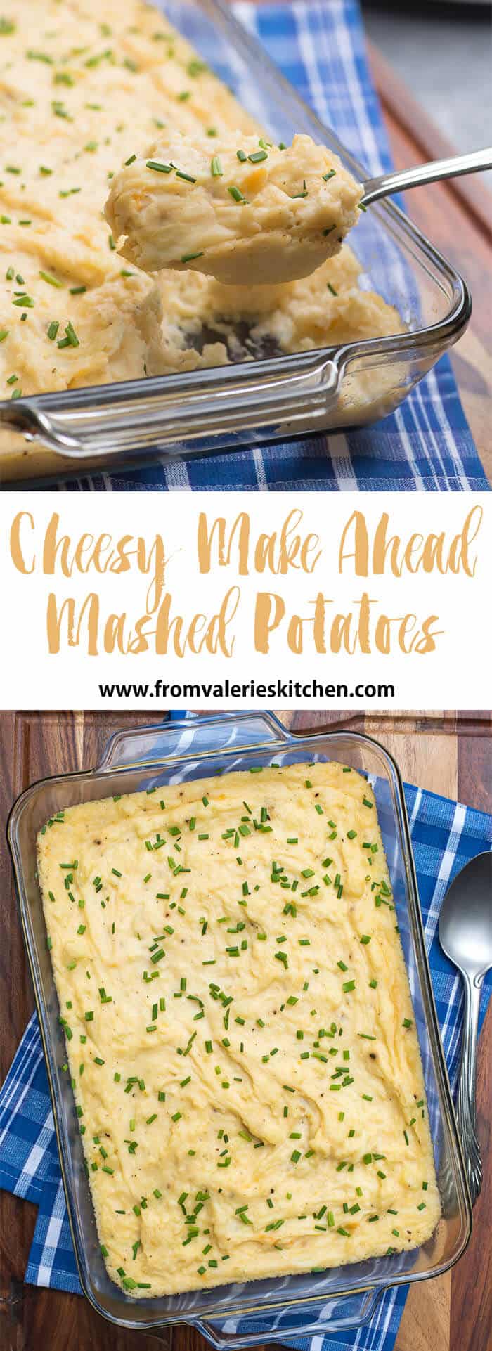 A two image vertical collage of Cheesy Make Ahead Mashed Potatoes
