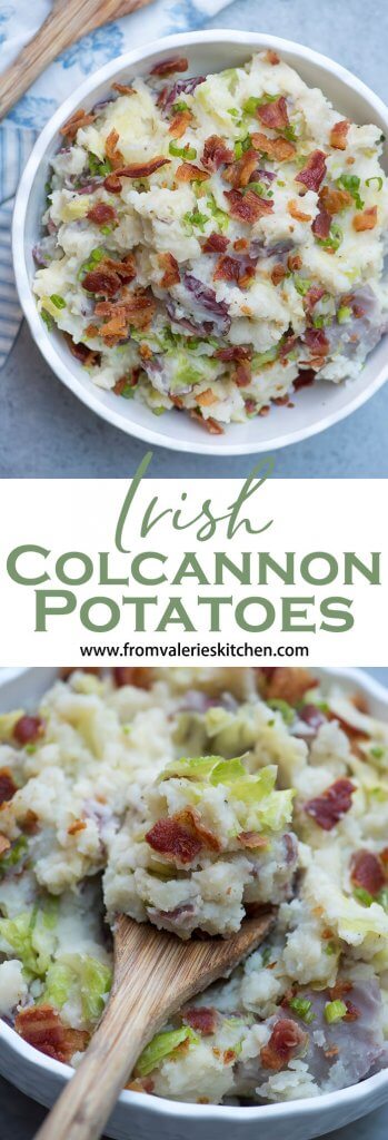 Two images of colcannon potatoes with overlay text.