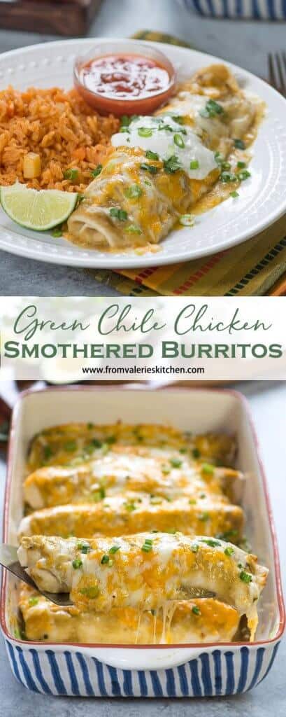 Enchiladas in a pan and on a plate with overlay text.