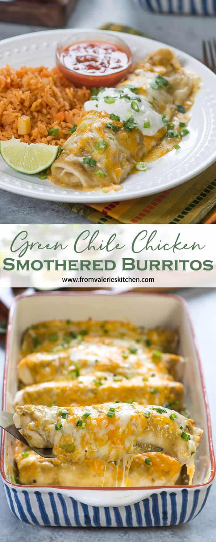A two image vertical collage of the enchiladas plated and in a casserole dish with overlay text.