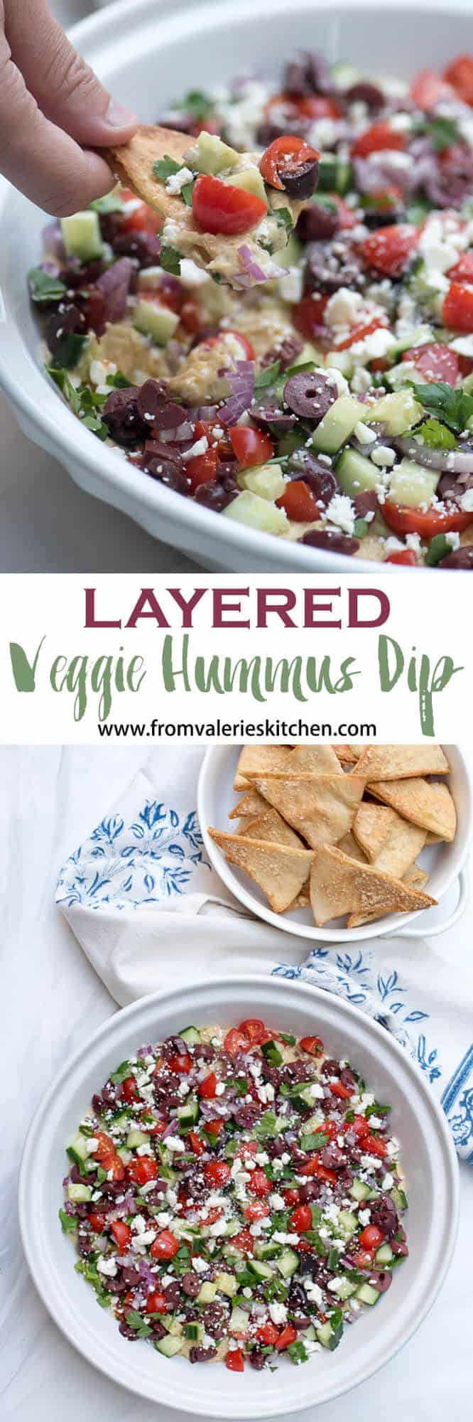 A two image vertical collage of Layered Veggie Hummus Dip with overlay text.