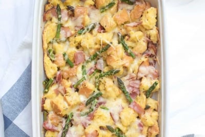 Savory French Toast Bake in a casserole dish.