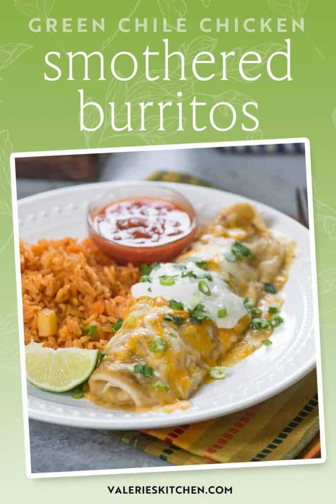 A green chile chicken smothered burriot on a plate with rice and salsa with text overlay.