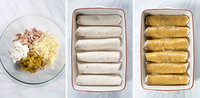 A 3 image horizontal collage - a mixing bowl with the filling ingredients, a casserole dish with the rolled burritos, and the burritos topped with sauce.
