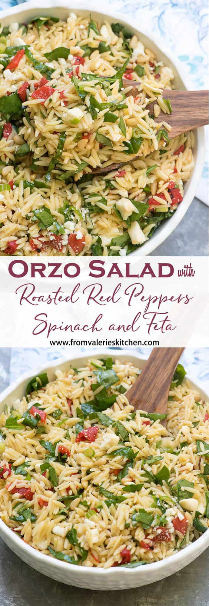 A two image vertical collage of Orzo Salad with Roasted Red Peppers, Spinach and Feta with overlay text.