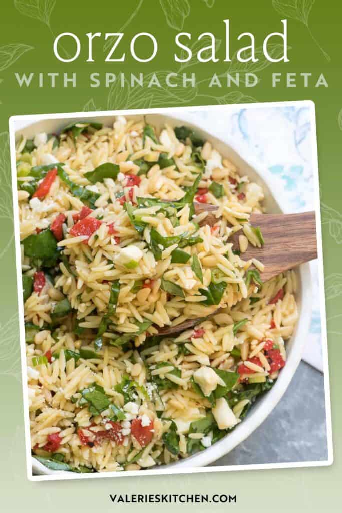 A spoon scooping orzo salad from a bowl with text overlay.