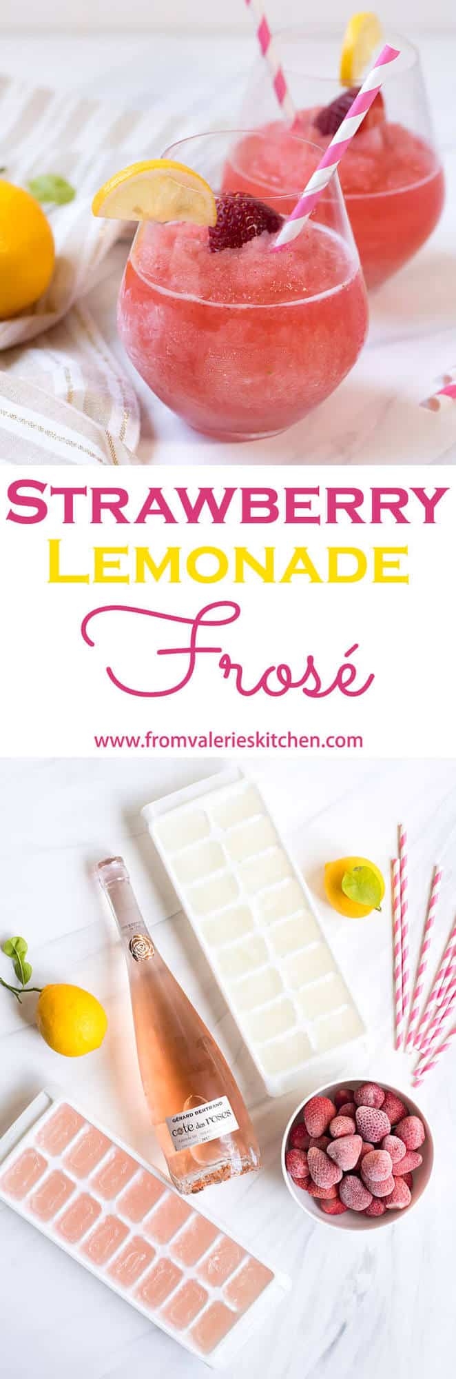 This pretty, pink adult beverage is perfect for your spring and summer gatherings.  Strawberry Lemonade Frosé is a slushy, lightly sweet, entirely delicious way to enjoy your rosé! #frose #beverages #cocktails #frozendrinks