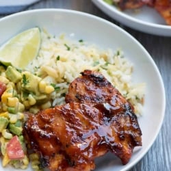 Glazed chicken with rice in a white bowl.