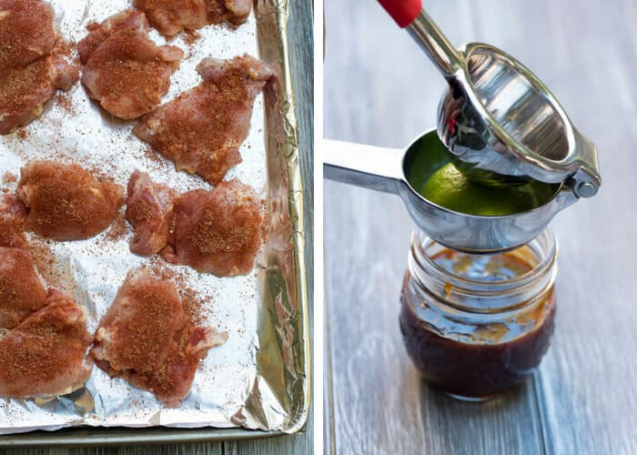 Two in process images of seasoned chicken thighs on a foil lined baking sheet and a citrus juicer squeezing lime juice into a mason jar.