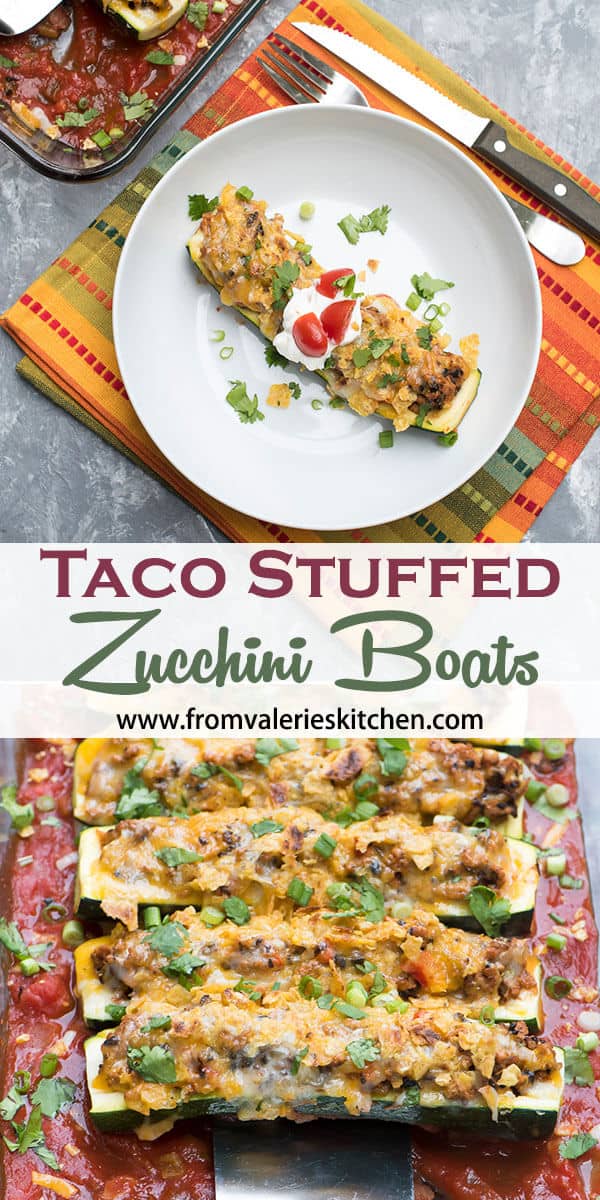 A two image vertical collage of Taco Stuffed Zucchini Boats with overlay text.