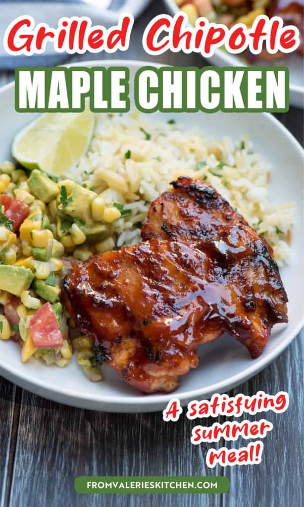 Glazed chicken with rice in a white bowl with text overlay.