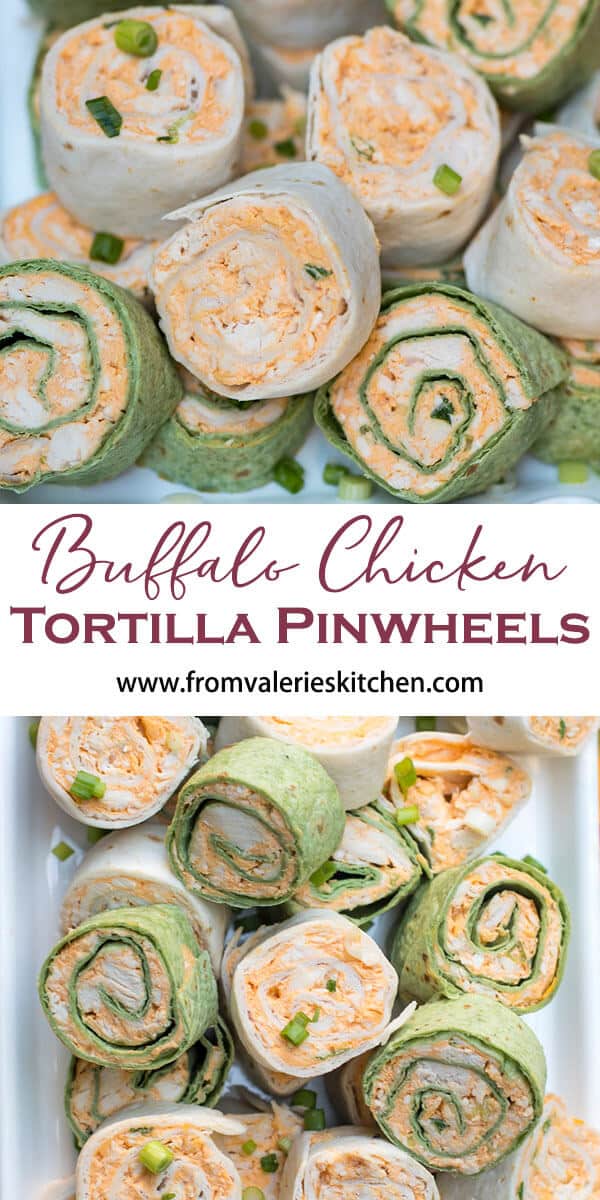 The totally irresistible flavor of Buffalo chicken wings all rolled up into a portable party snack. These Buffalo Chicken Tortilla Pinwheels are guaranteed to be a hit at your next gathering!