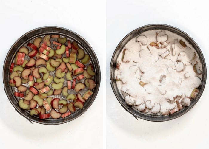 Two in process images showing the sliced rhubarb spread across the bottom of a springform pan and the sugar mixture sprinkled over the top.