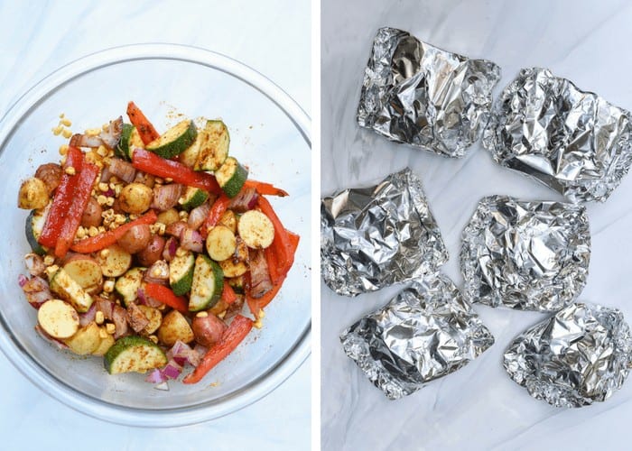Two in process images showing the vegetables mixed with the seasoning and the foil packs after they've been filled.