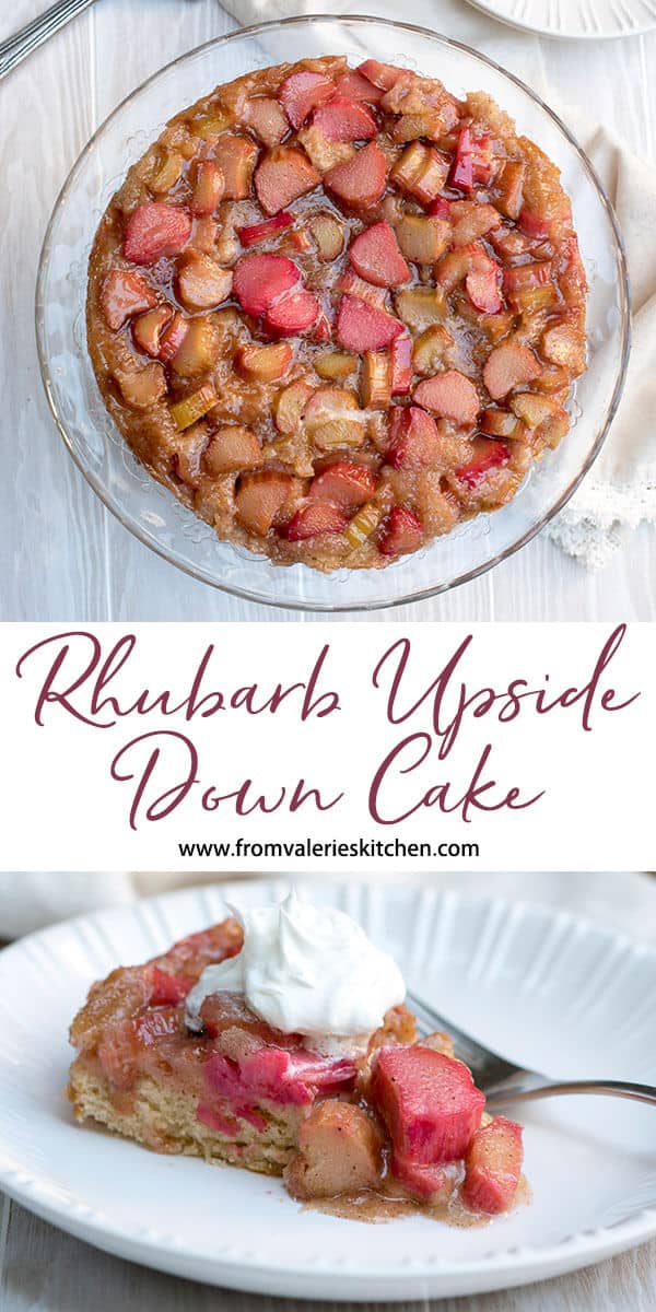 A two image vertical collage of Rhubarb Upside Down Cake with overlay text.