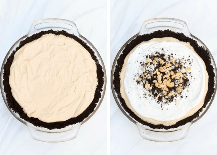 Two in process images showing the filling spread into the Oreo crust and then topped with whipped topping, crushed Oreos and peanuts.