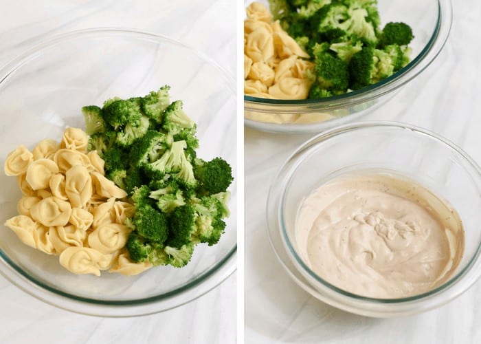 Two images side by side showing the process of combining the tortellini and broccoli and the creamy dressing.