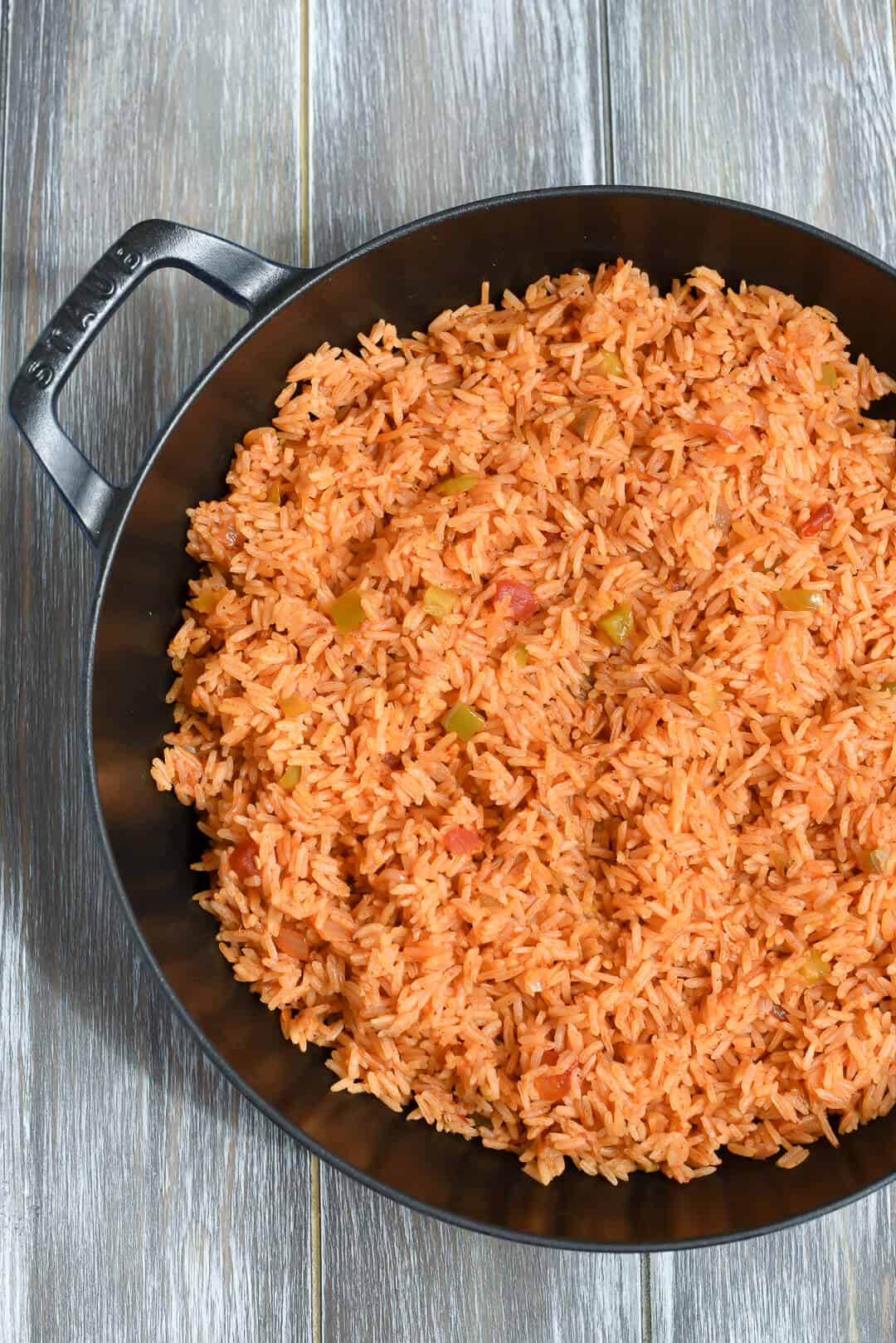 An over the top image of Salsa Rice in a skillet.