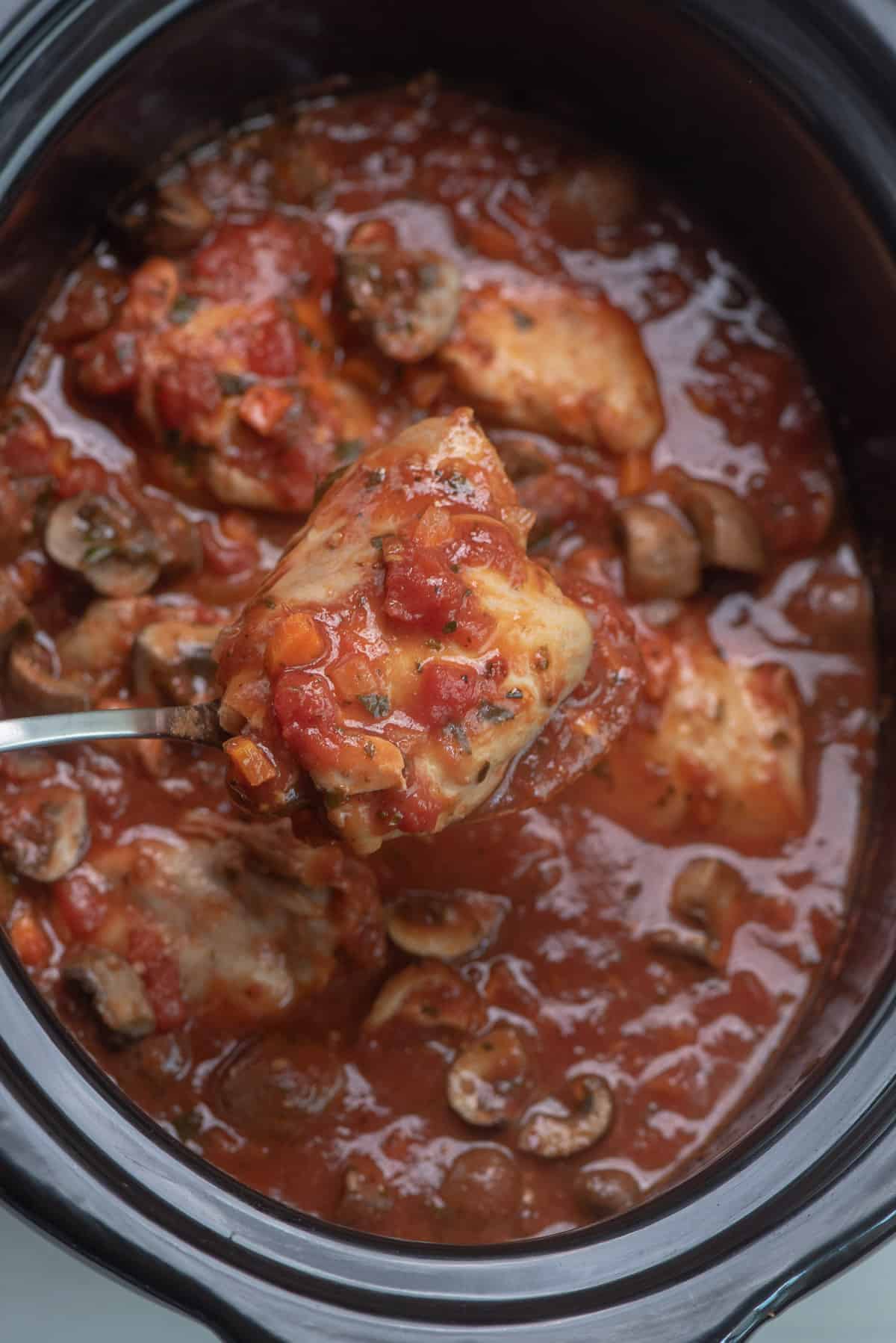 A spoon lifts a piece of Chicken Cacciatore from the slow cooker.