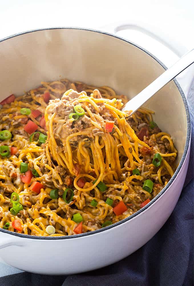 One Pot Creamy Taco Spaghetti | 30 Easy One Pot Recipes for Busy Days