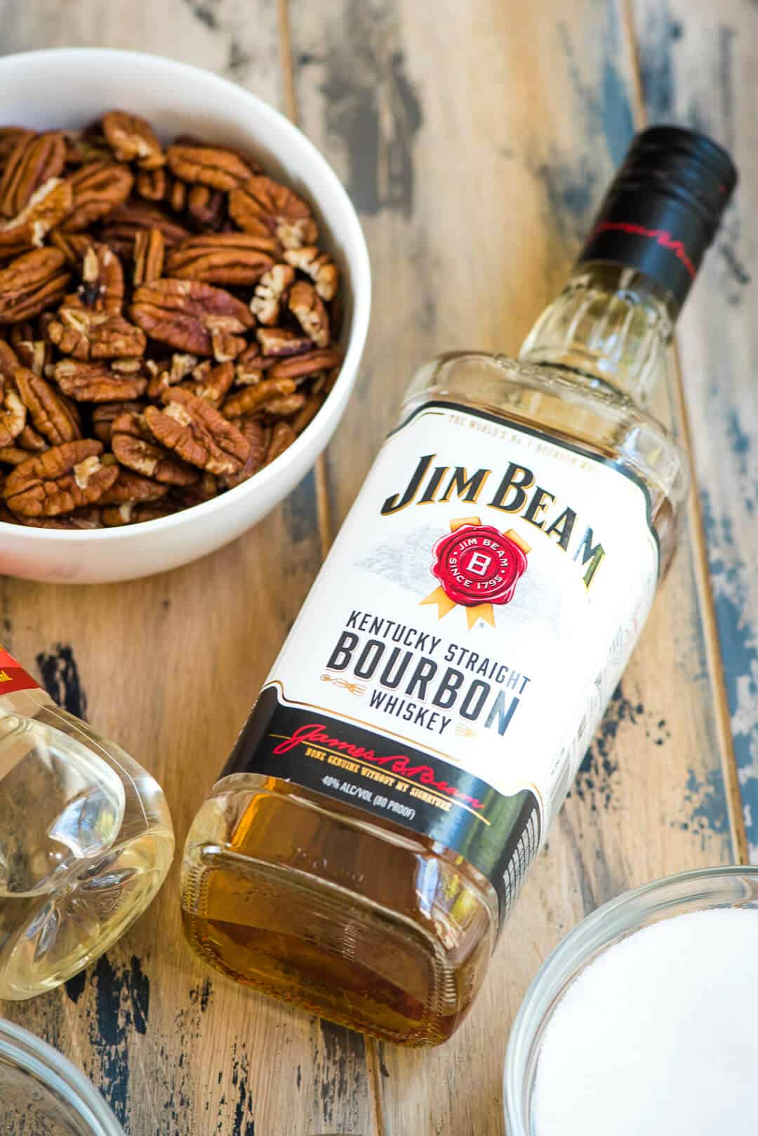 A bottle of Jim Beam Bourbon Whiskey.