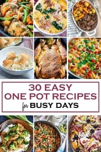 A 9 image vertical collage of 30 Easy One Pot Recipes for Busy Days with overlay text.