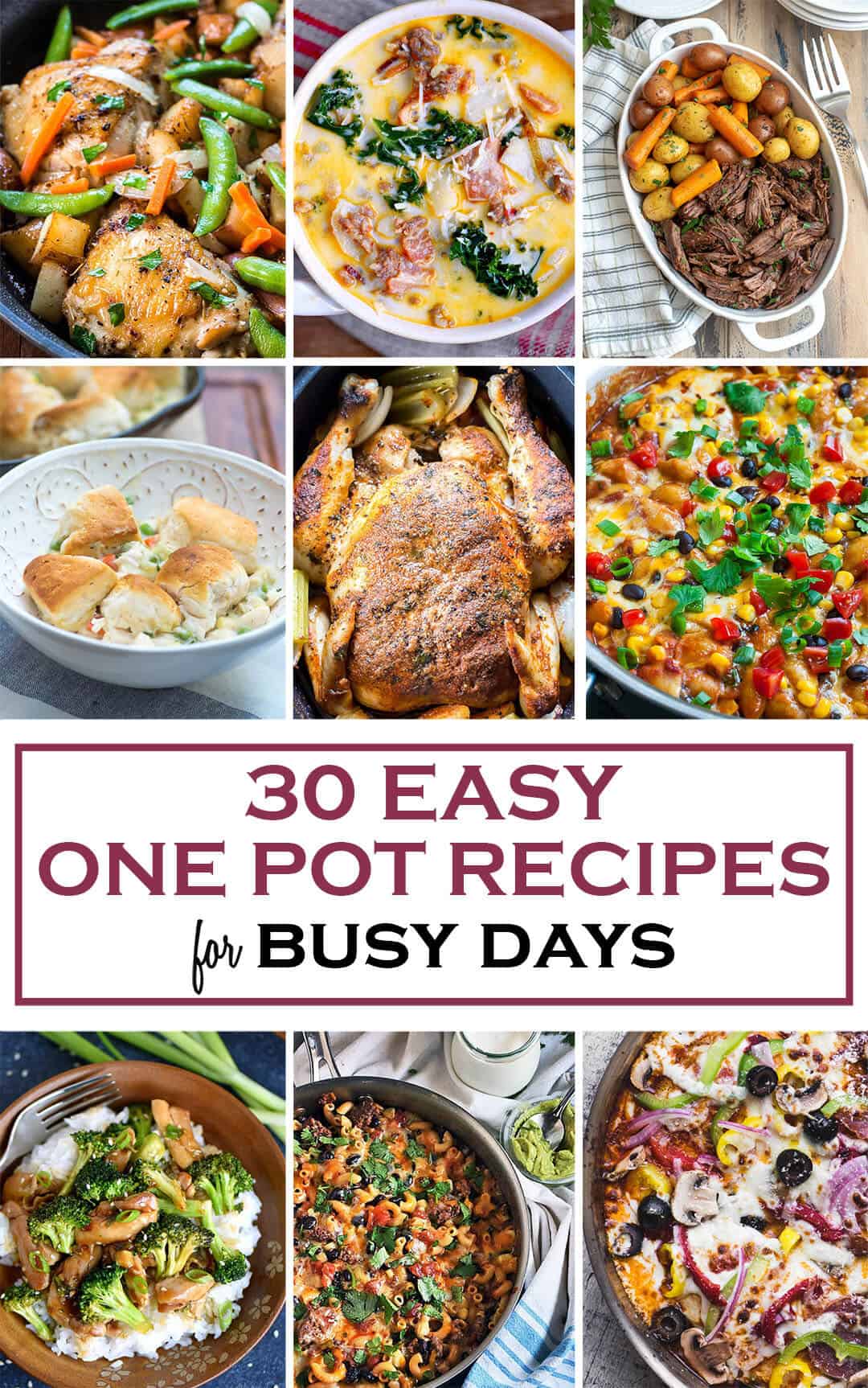 A vertical 9 image collage of 30 Easy One Pot Recipes for Busy Days with overlay text.