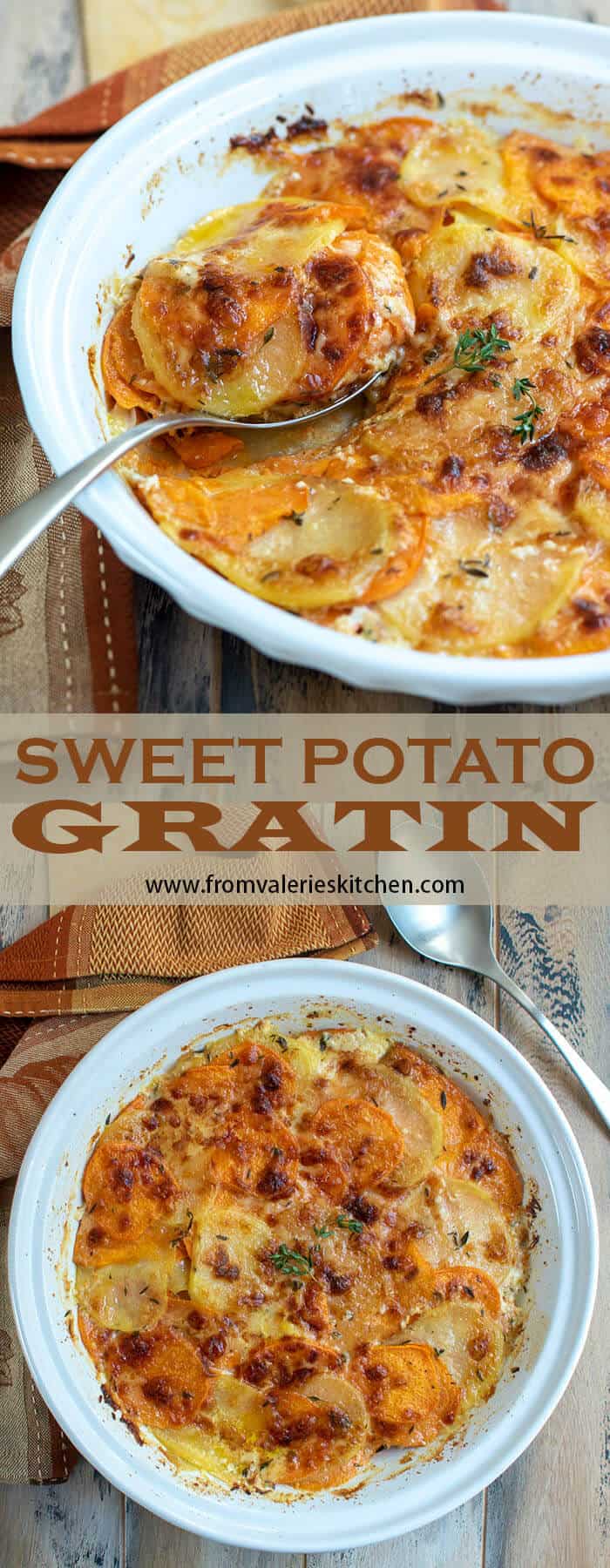 A two image vertical collage of Sweet Potato Gratin with overlay text.