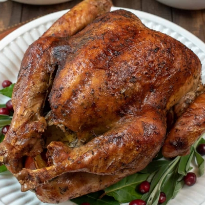 A turkey with browned, crispy skin on a white platter.