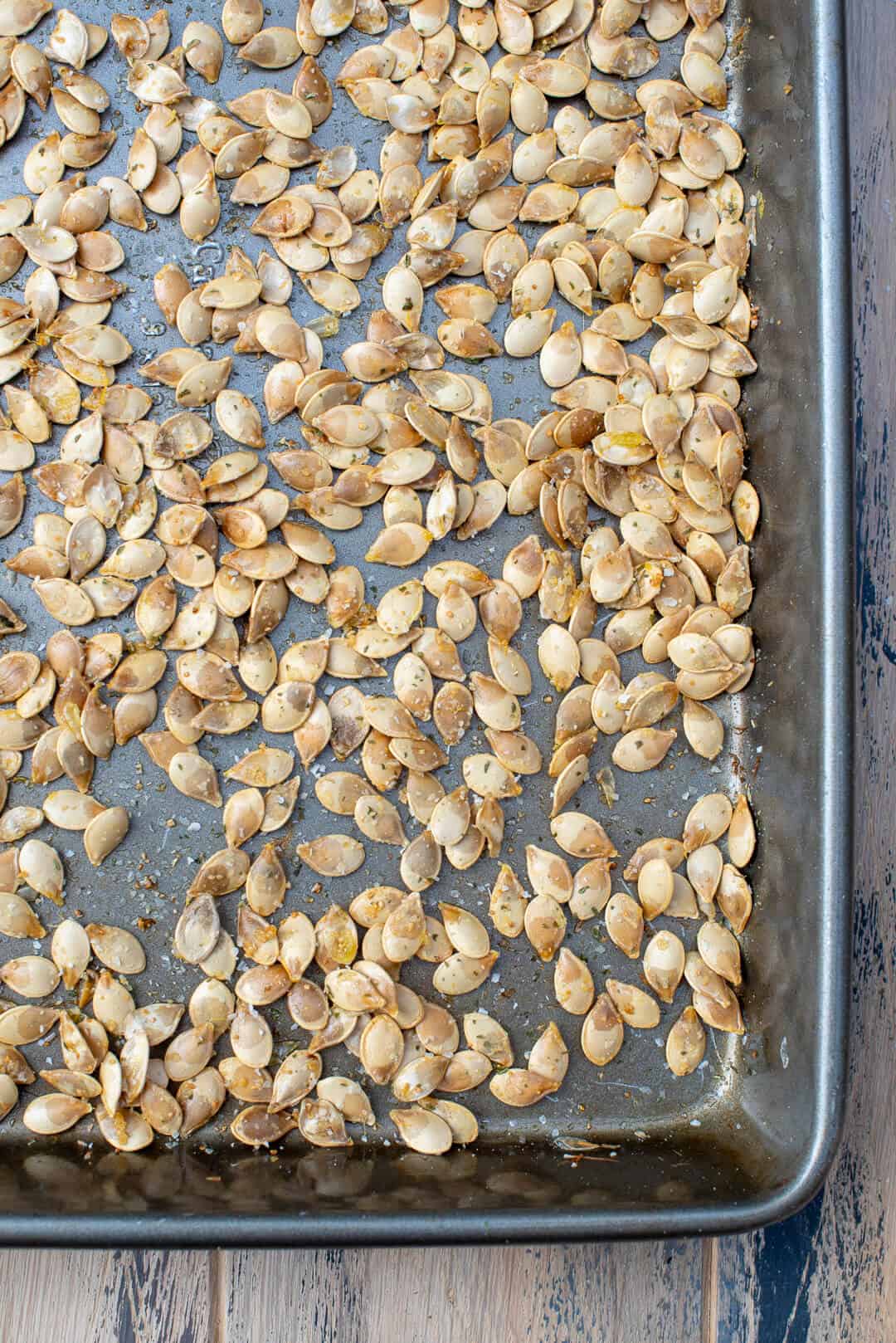 An over the top shot of Roasted Acorn Squash seeds on a metal baking sheet.
