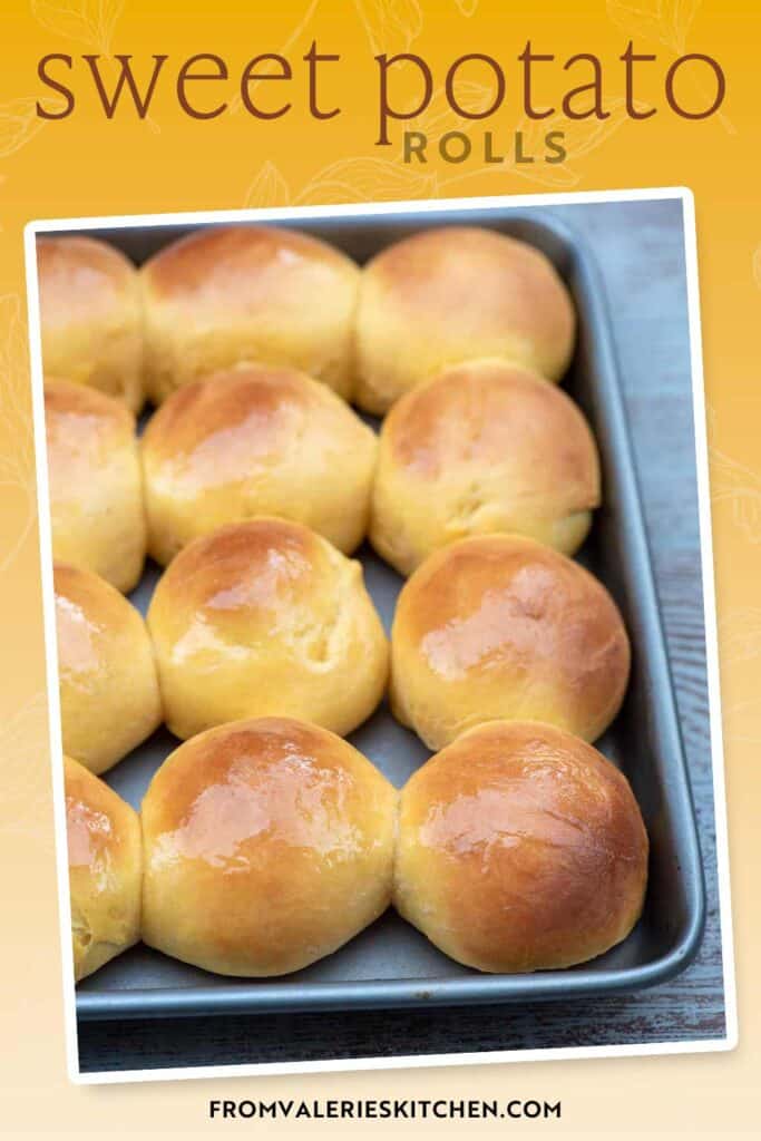 Sweet potato dinner rolls on a baking sheet with text overlay.