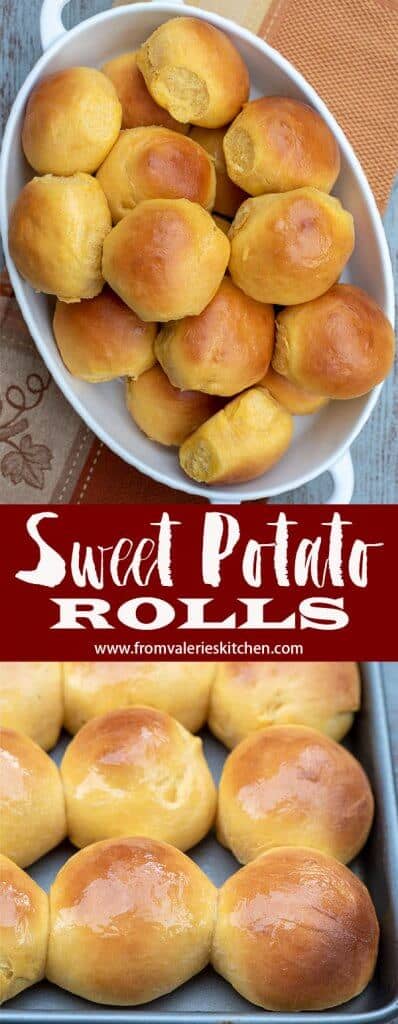 Sweet potato rolls in a white dish with overlay text.