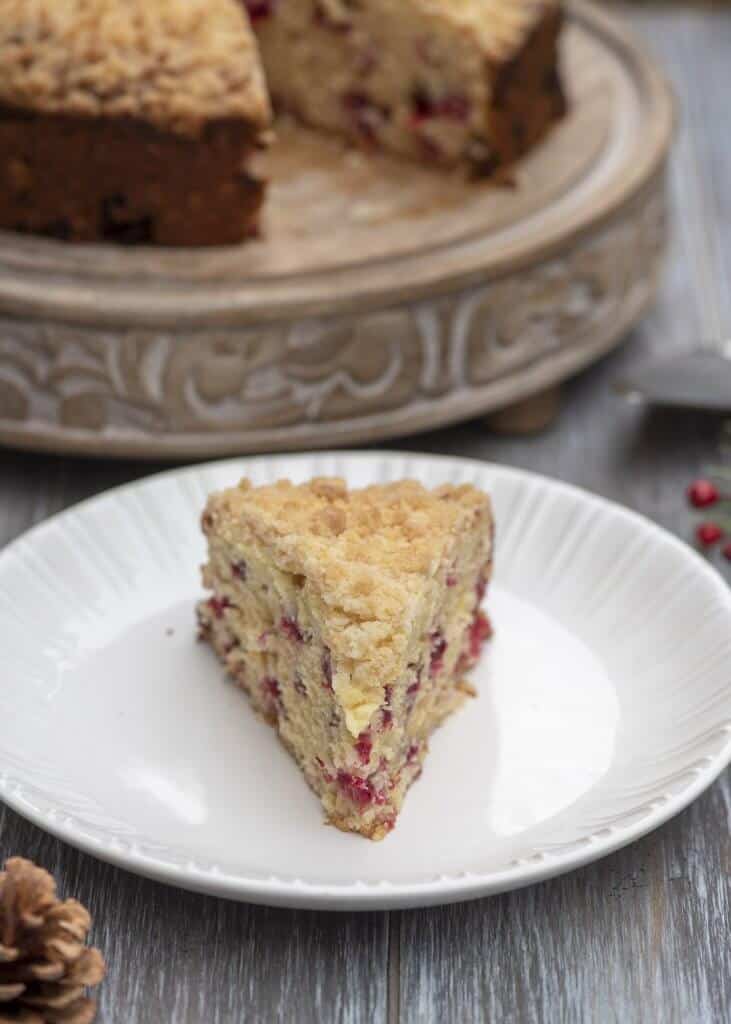 A slice of cranberry cake on a white plate.