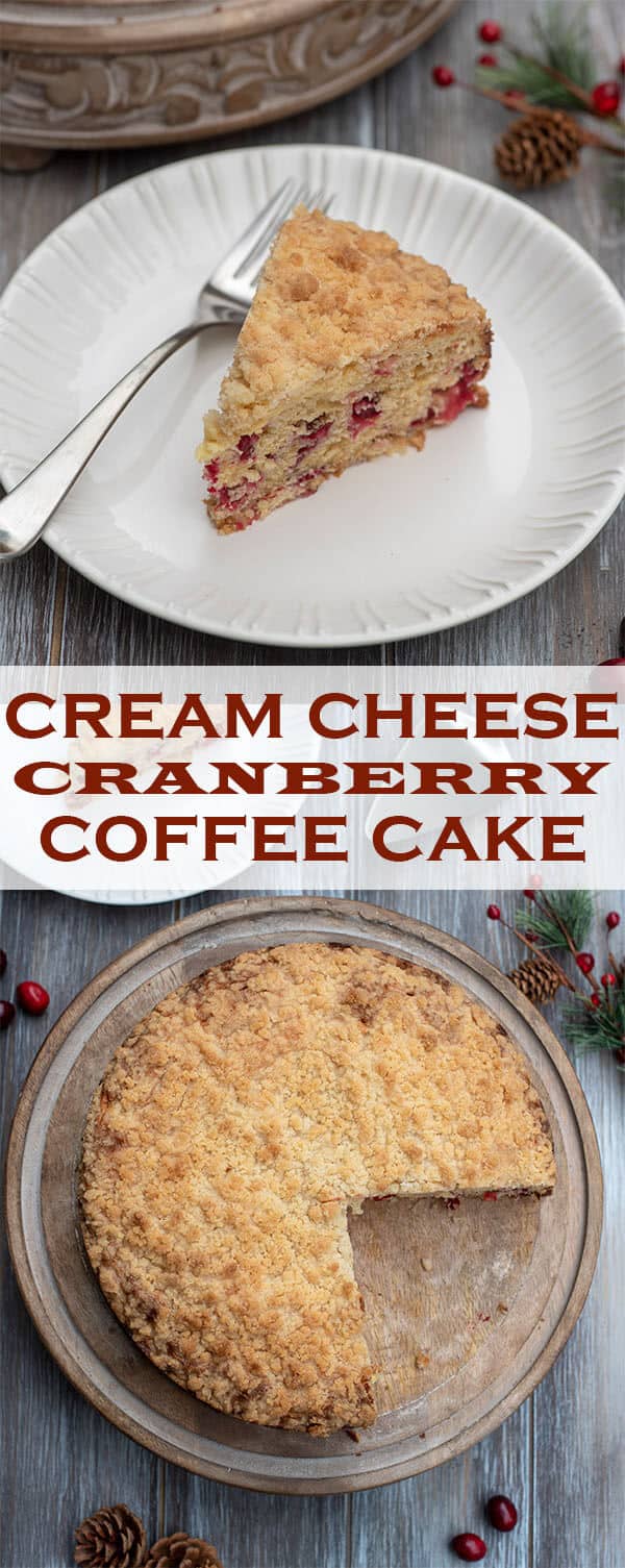 A two image vertical collage of Cream Cheese Cranberry Coffee Cake with overlay text.