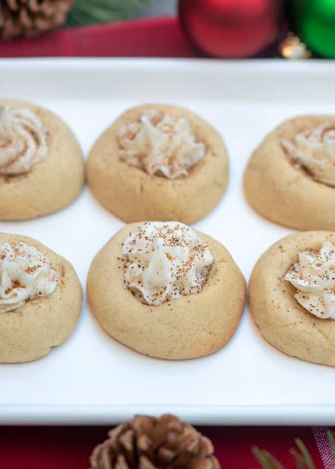 A closeup of the cookies on a white serving platter.