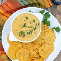 A small white bowl of dip on a white plate with tortilla chips.