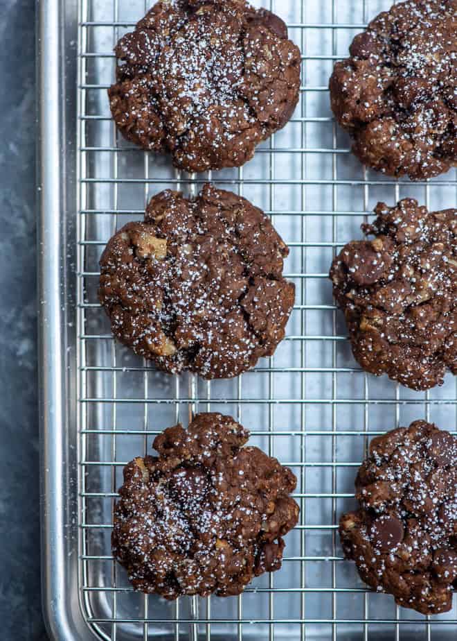 Chocolate Brownie Oatmeal Cookies on a cooling rack.