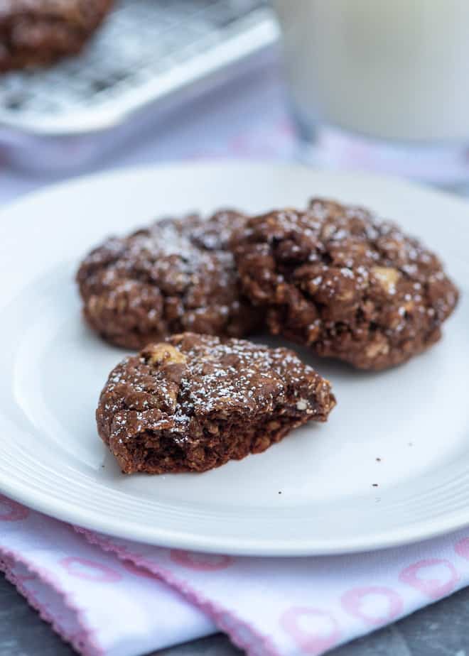 Chocolate Brownie Oatmeal Cookies on a small white plate 