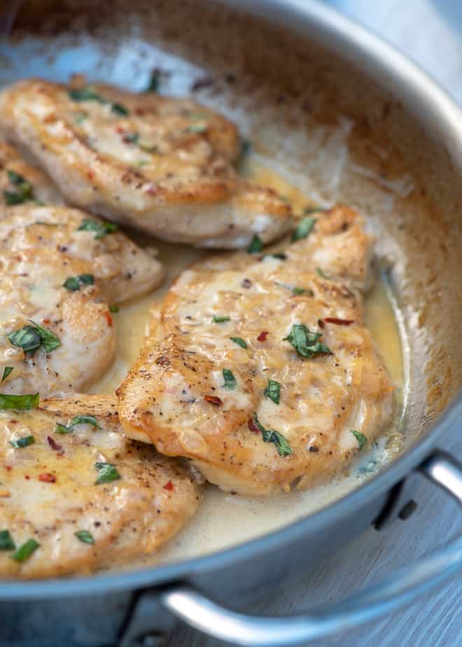 Creamy Lemon Chicken in a skillet.