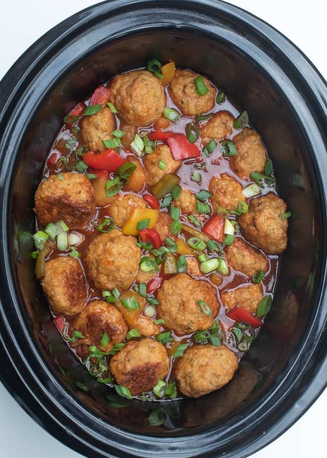 Slow Cooker Sweet and Sour Chicken Meatballs in the slow cooker after cooking