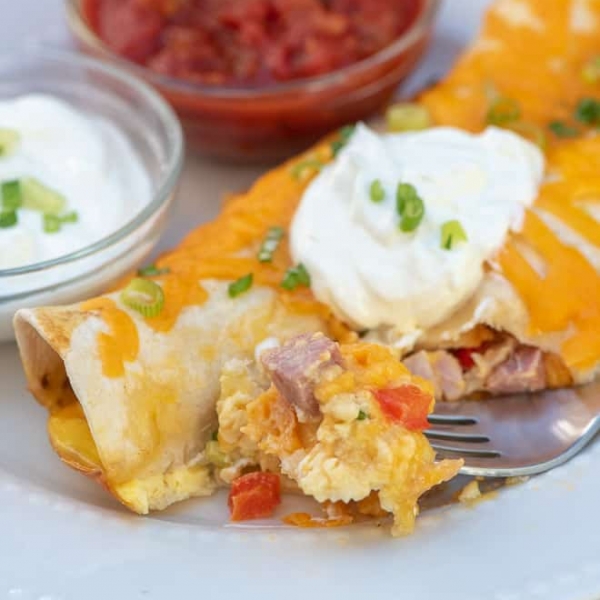 A breakfast enchilada with a fork on a white plate.