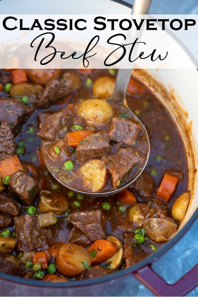 A ladle filled with beef stew hovering over a Dutch oven with overlay title text.