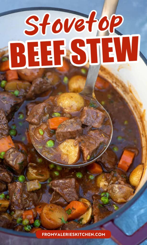 A ladle hovering above a pot of beef stew with text overlay.