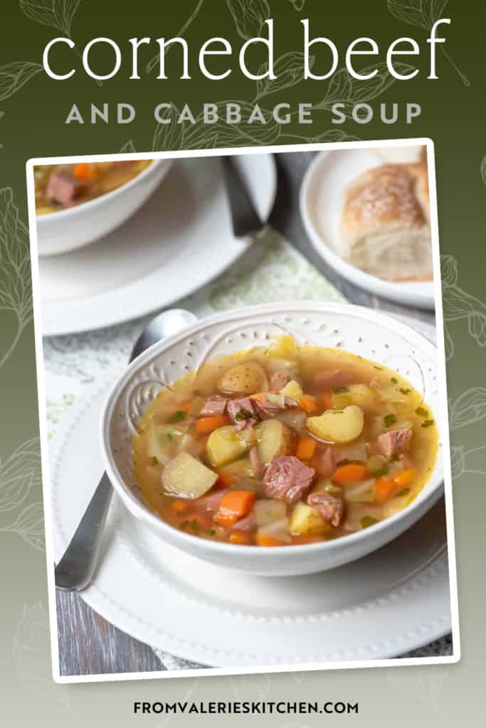 A bowl of corned beef and cabbage soup with text overlay.