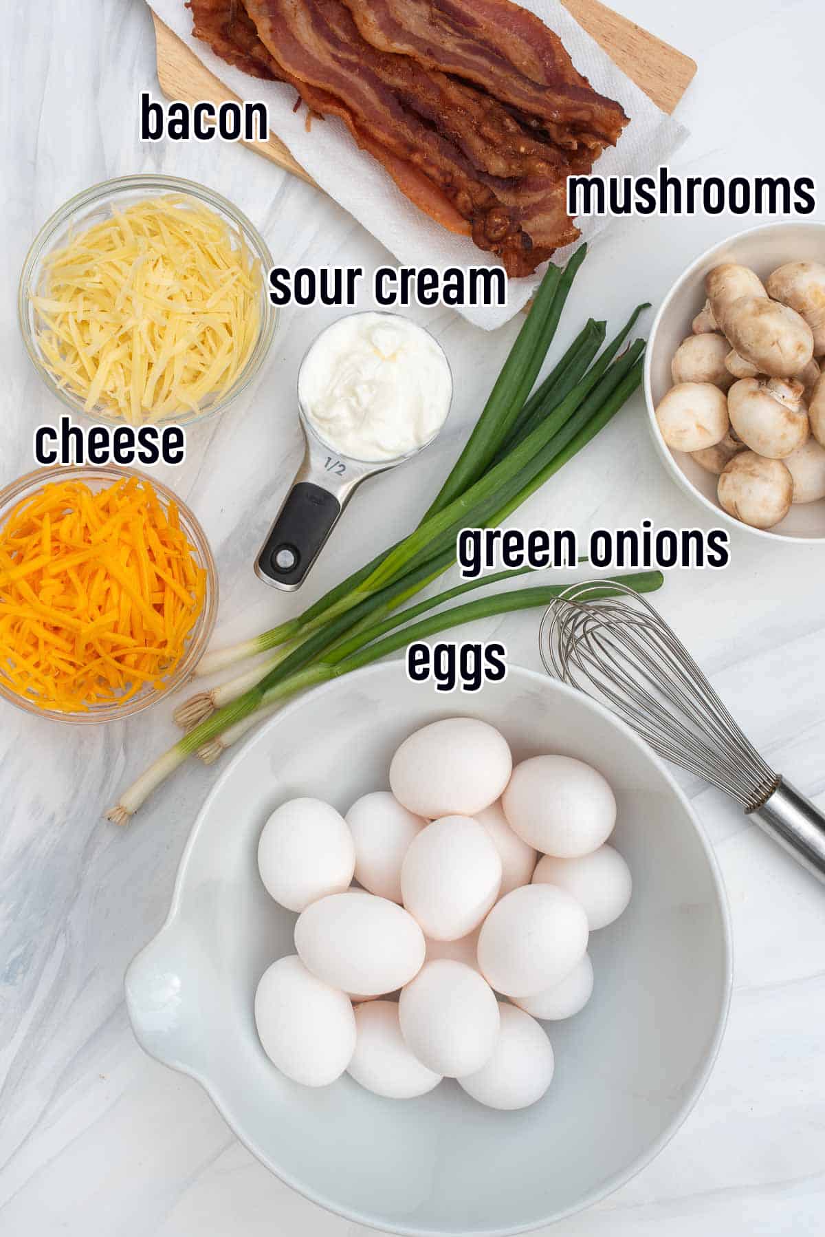 Eggs, cheese, bacon, and other ingredients for crustless quiche bake with text.