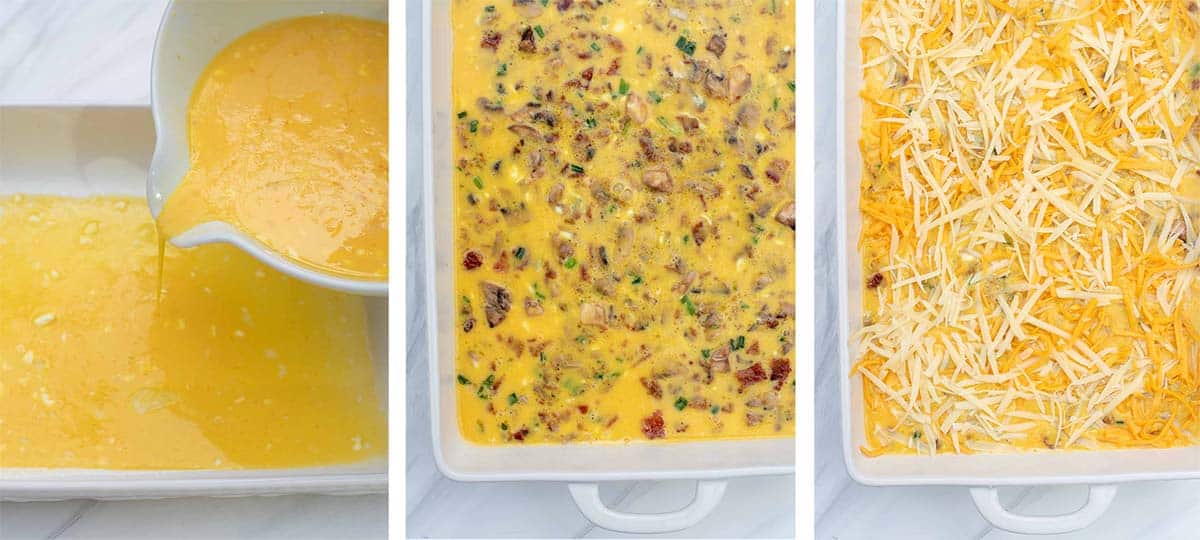 Three images of an egg mixture in a baking dish with bacon and cheese.