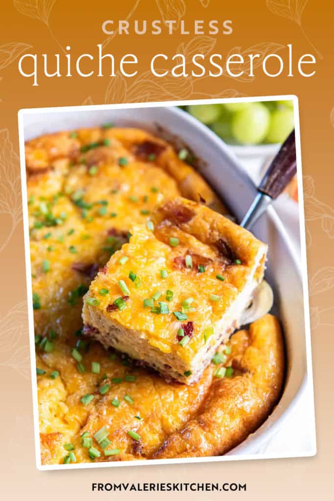 A spatula lifting a slice of chile relleno casserole in a baking dish with text overlay.